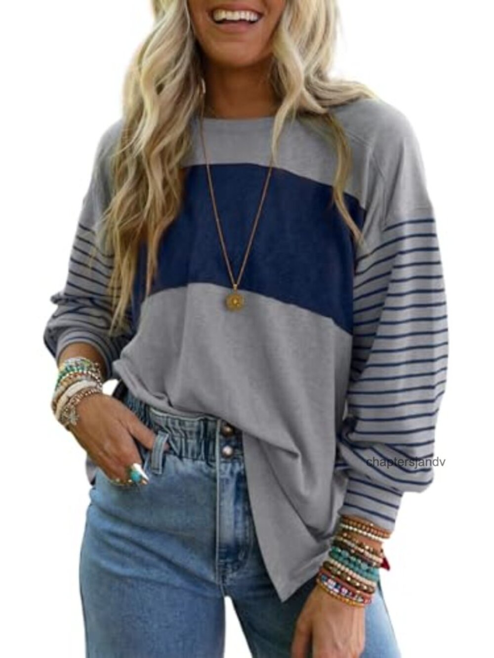 Womens Long Sleeve Color Block Tunic Top Oversized Casual Blouse